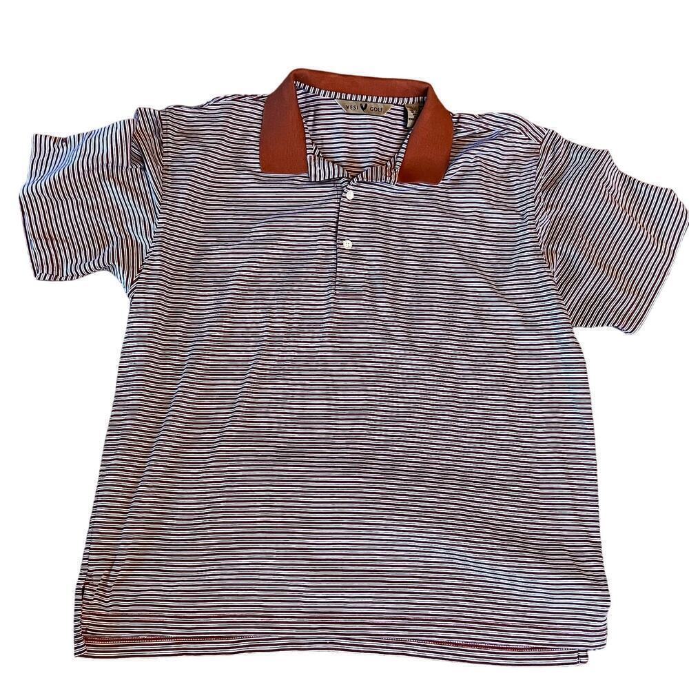 Vesi Golf Men's Short Sleeve Polo.  Orange/White Striped.  Size Medium